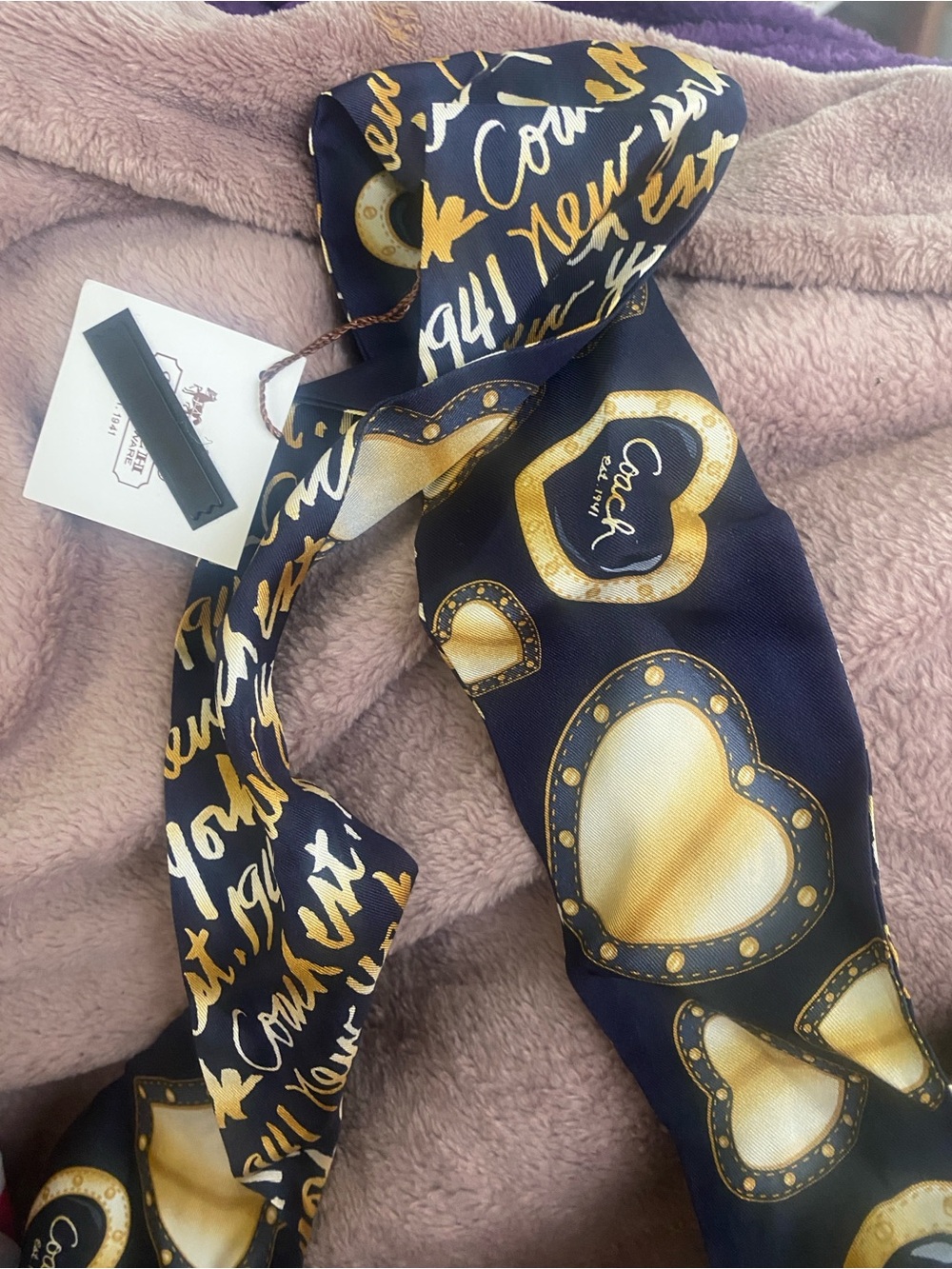 Coach Navy & Gold Heart Silk Twilly Scarf